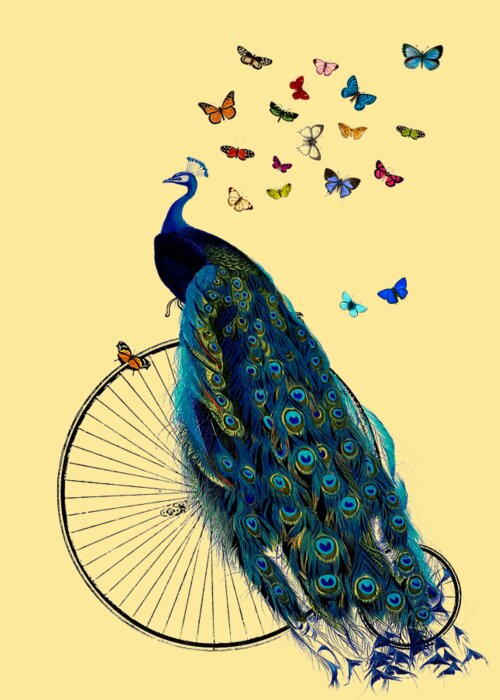 Peacock Greeting Card featuring the digital art Peacock On A Bicycle With Butterflies by Madame Memento