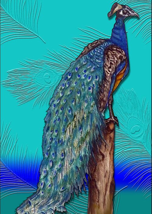 Peacock Greeting Card featuring the mixed media Peacock's Beauty Teal by Kelly Mills