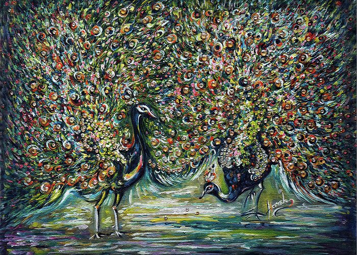 Peacock Greeting Card featuring the painting Peacocks - impressionist by Harsh Malik