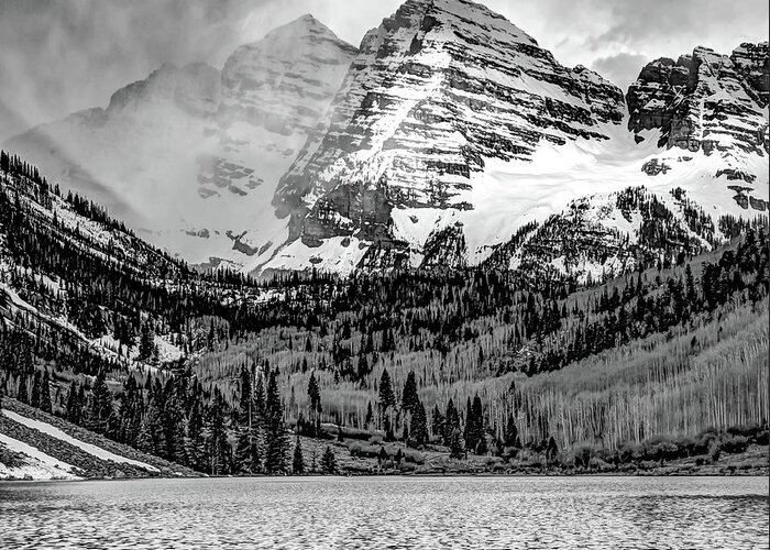 Maroon Bells Greeting Card featuring the photograph Peaks and Valleys of Maroon Bells - Black and White by Gregory Ballos