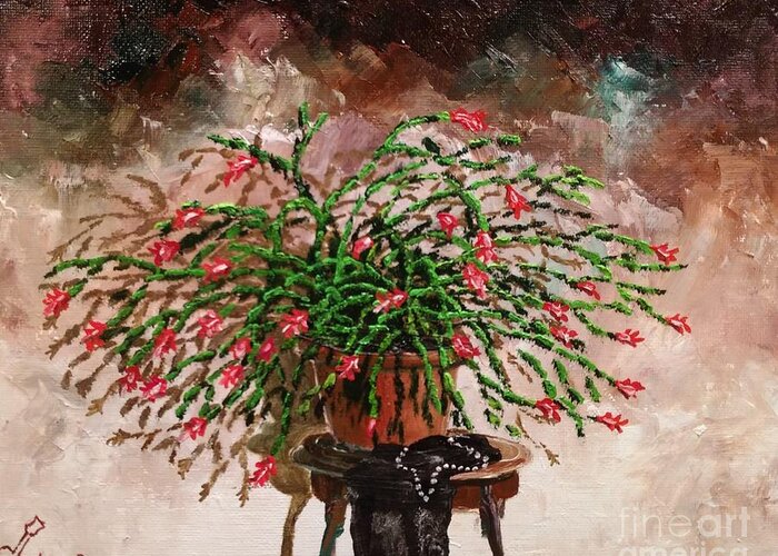 Still Life Greeting Card featuring the painting Pearl's Cactus by Lee Piper