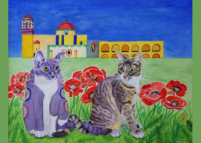 Cat Greeting Card featuring the painting Peggy and Maya by Vera Smith