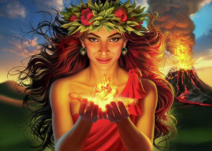 Pele Greeting Card featuring the digital art Pele Goddess of Volcanoes and Fire by Mark Fredrickson