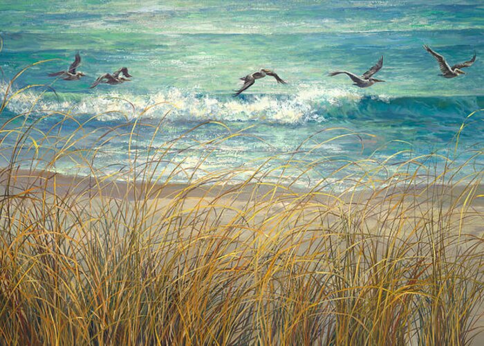 Pelican Greeting Card featuring the painting Pelican Line Up by Laurie Snow Hein