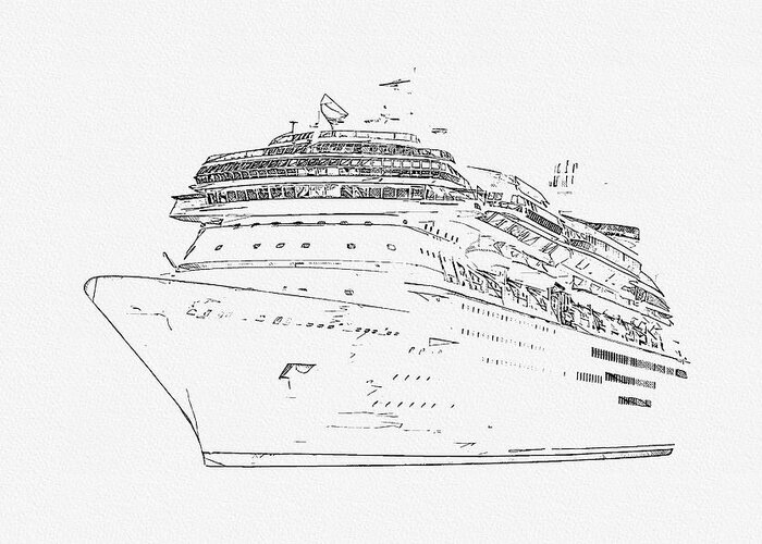 Pencil Greeting Card featuring the digital art Pencil drawing of cruise ship isolated on white background, modern ocean liner by Maria Kray