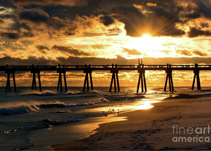 Sun Greeting Card featuring the photograph Pensacola Beach Fishing Pier at Sunset by Beachtown Views