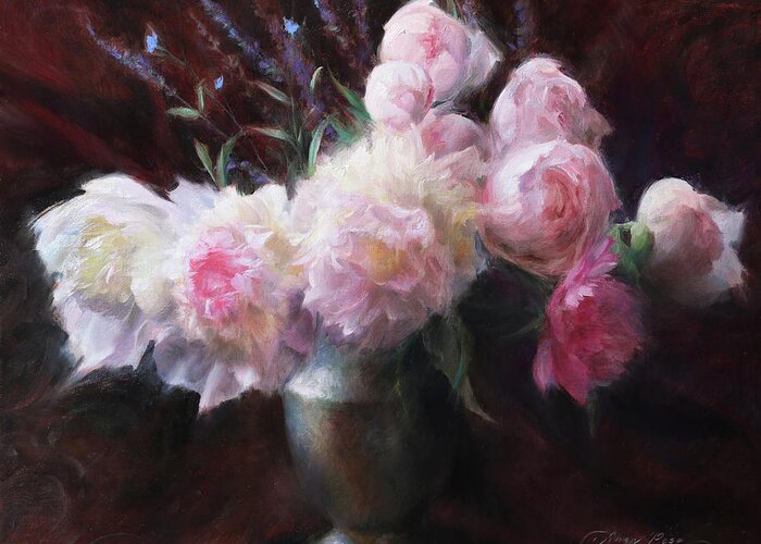 Peonies Greeting Card featuring the painting Peonies and Purple Sage by Anna Rose Bain