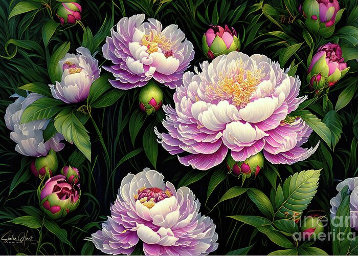 Peony Greeting Card featuring the digital art Peonies in Bloom by Shelia Hunt