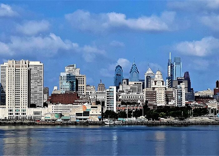 Philadelphia Greeting Card featuring the photograph Philadelphia Skyline across the Delaware River from the Aquarium in Camden, New Jersey by Linda Stern