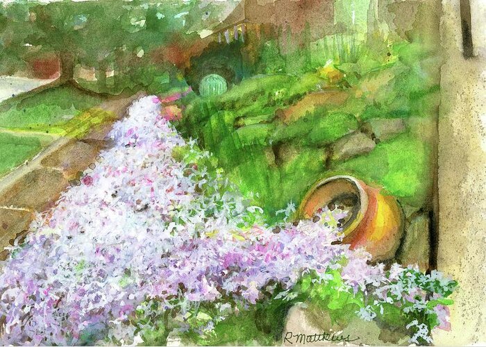 Garden Wall Greeting Card featuring the painting Phlox on garden wall by Rebecca Matthews