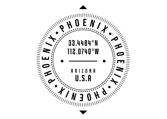 Phoenix Greeting Card featuring the digital art Phoenix, Arizona, USA - 1 - City Coordinates Typography Print - Classic, Minimal by Studio Grafiikka