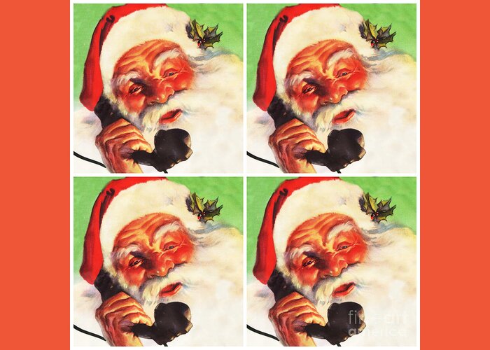 Christmas Greeting Card featuring the mixed media Phone Santa by Sally Edelstein