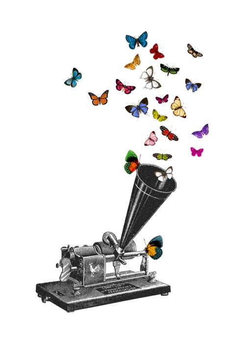 Phonograph Greeting Card featuring the digital art Phonograph and butterflies print by Madame Memento