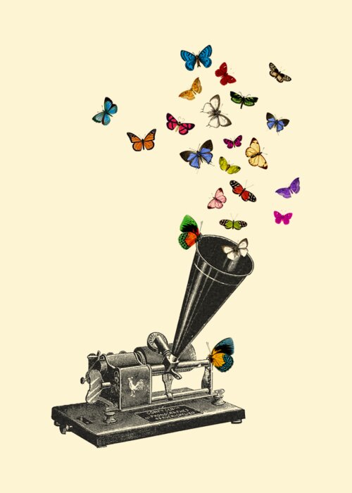 Phonograph Greeting Card featuring the digital art Phonograph With Butterflies by Madame Memento