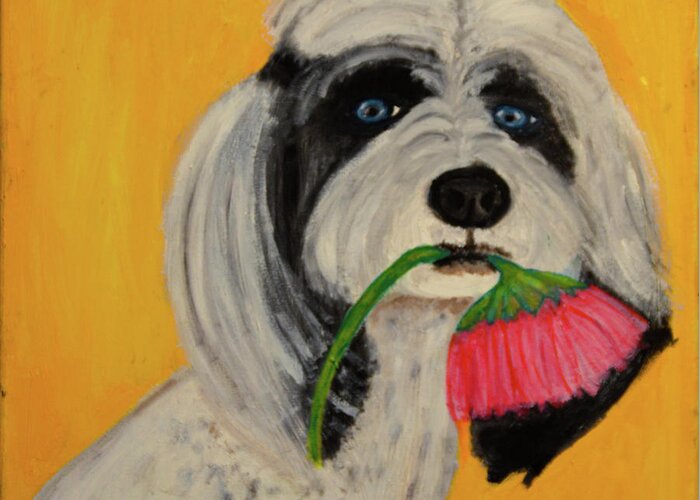Dogs Greeting Card featuring the painting Picking Flowers by Anita Hummel
