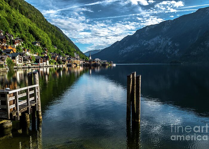 Austria Greeting Card featuring the photograph Picturesque Lakeside Town Hallstatt At Lake Hallstaetter See In Austria by Andreas Berthold