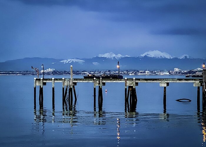 Pier Greeting Card featuring the photograph Pier and Mountains by Anamar Pictures