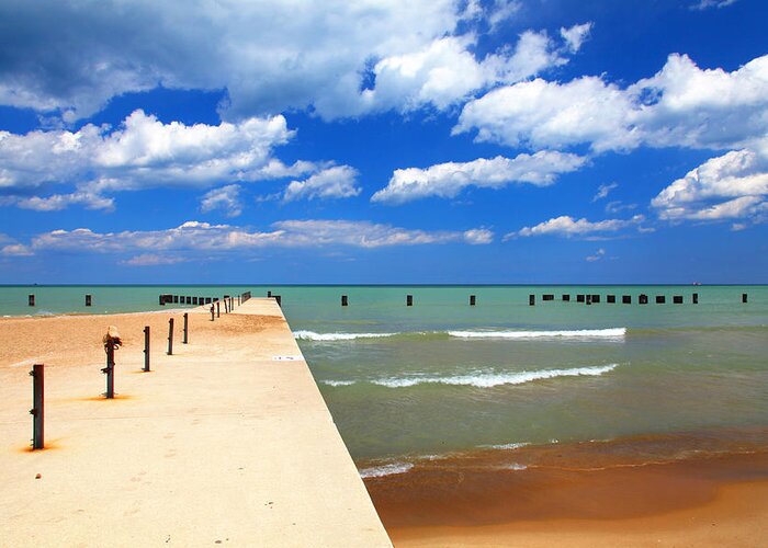 Landscape Greeting Card featuring the photograph Pier Blue Sky Clouds Lake North Avenue Beach by Patrick Malon