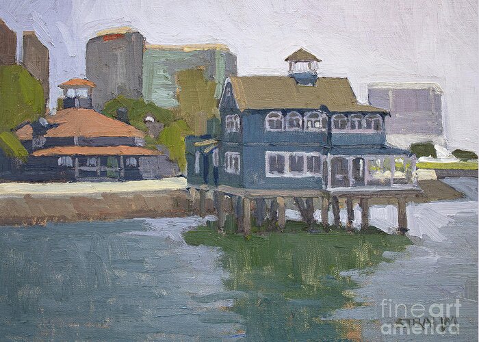 Pier Cafe Greeting Card featuring the painting Pier Cafe at Seaport Village - San Diego, California by Paul Strahm