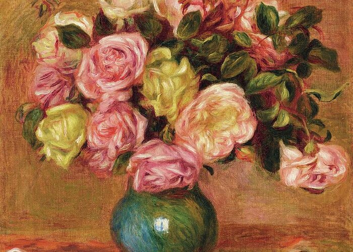 Pierre Auguste Renoir Bouquet Of Roses In A Vase Greeting Card featuring the painting Pierre Auguste Renoir Bouquet of roses in a vase by MotionAge Designs