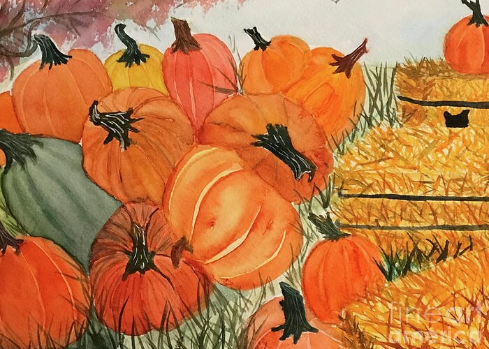 Fall Greeting Card featuring the painting Pile of Pumpkins by Lisa Neuman