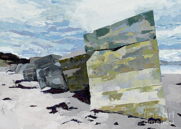 Oil Painting Greeting Card featuring the painting Pill Boxes - Roseisle Beach, 2015 by PJ Kirk