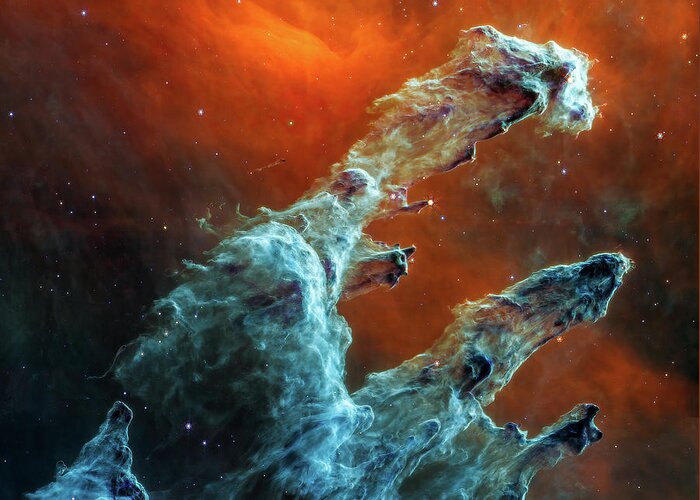 Eagle Nebula Greeting Card featuring the photograph Pillars of Creation MIRI Image James Webb Space Telescope by Image NASA and ESA Edit M Hauser