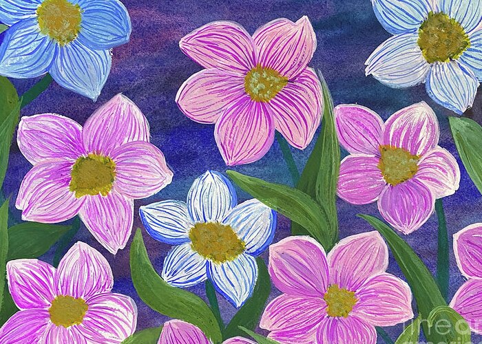 Pink Greeting Card featuring the mixed media Pink and Blue Flowers by Lisa Neuman