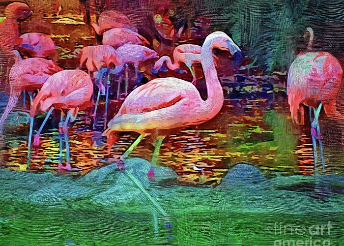 Flamingo Greeting Card featuring the digital art Pink Flamingos by Kirt Tisdale