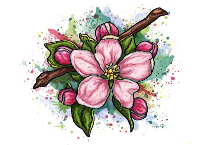 Flower Greeting Card featuring the painting Pink flower on white background, cherry blossom by Nadia CHEVREL