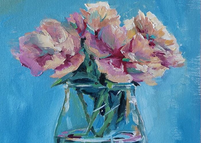 Pink Greeting Card featuring the painting Pink Flowers with Blue by Sheila Romard