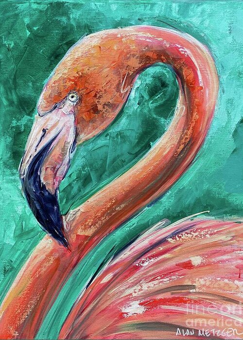 Flamingo Greeting Card featuring the painting Pink Lady by Alan Metzger