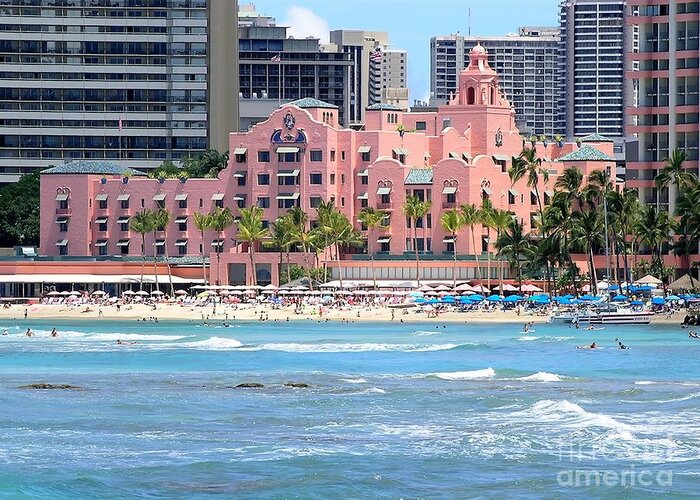 Royal Hawaiian Hotel Greeting Card featuring the photograph Pink Palace on Waikiki Beach by Mary Deal