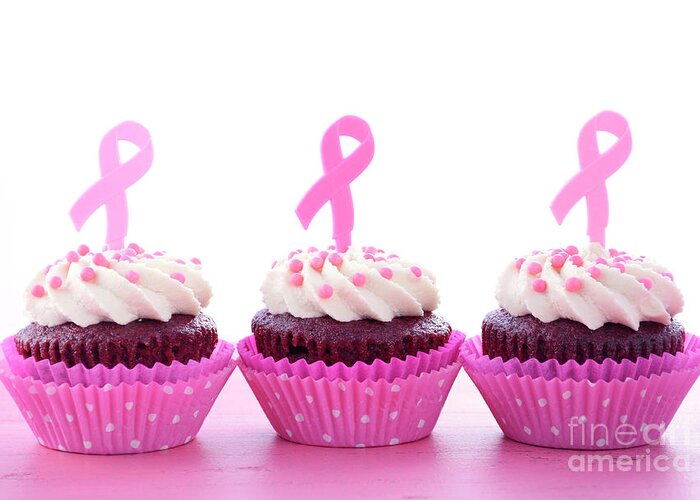 Breast Cancer Greeting Card featuring the photograph Pink Ribbon Charity for Womens Health Awareness Cupcakes. by Milleflore Images