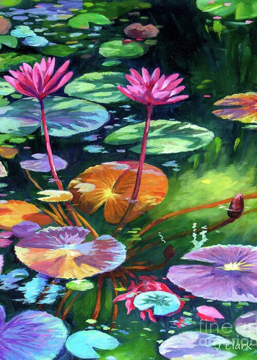 Pink Greeting Card featuring the painting Pink Waterlilies by John Clark