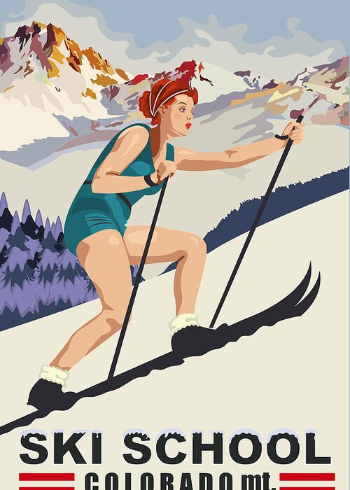 Pinup Greeting Card featuring the digital art Pinup Girl on Ski School at Colorado Mountains by Long Shot