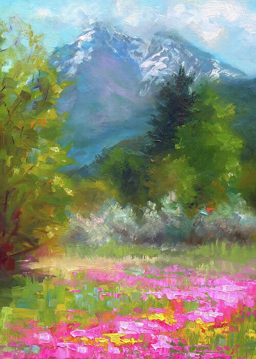 Wildflower Greeting Card featuring the painting Pioneer Peaking - flowers and mountain in Alaska by Talya Johnson