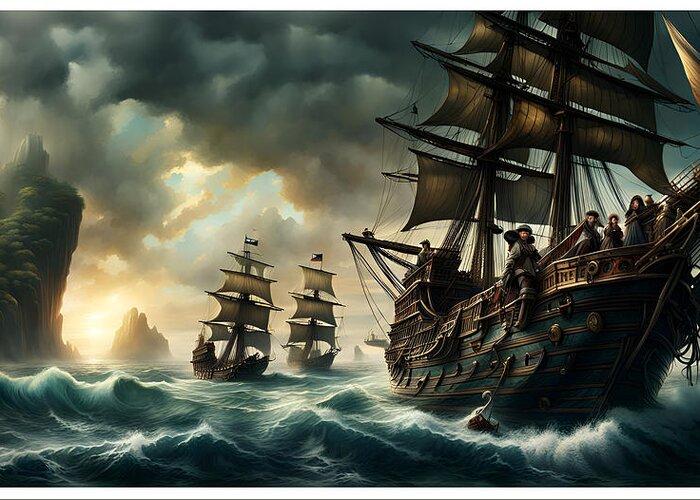 Pirate Ship Greeting Card featuring the digital art Pirate Ships in a Storm by Greg Joens