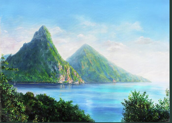 Saint Lucia. Pitons Greeting Card featuring the painting Pitons- early afternoon by Jonathan Guy-Gladding JAG