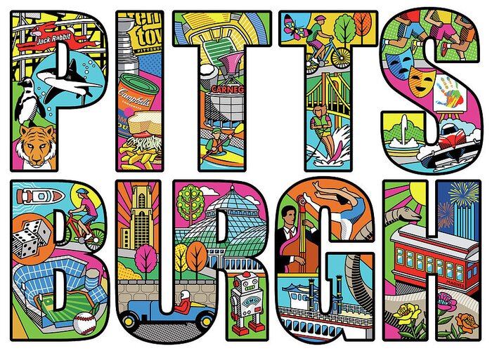Pittsburgh Greeting Card featuring the digital art Pittsburgh Icons in Type by Ron Magnes