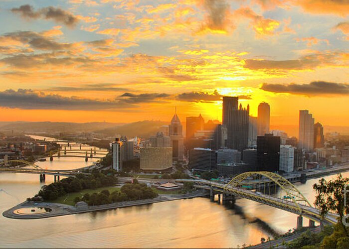 Pittsburgh Greeting Card featuring the photograph Pittsburgh Mt Washington Sunrise August 2022 Panorama by Adam Jewell