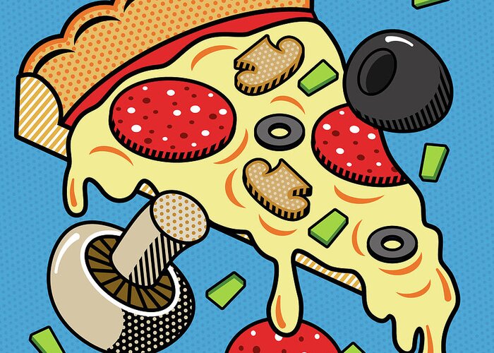 Pop Art Greeting Card featuring the digital art Pizza on Blue by Ron Magnes