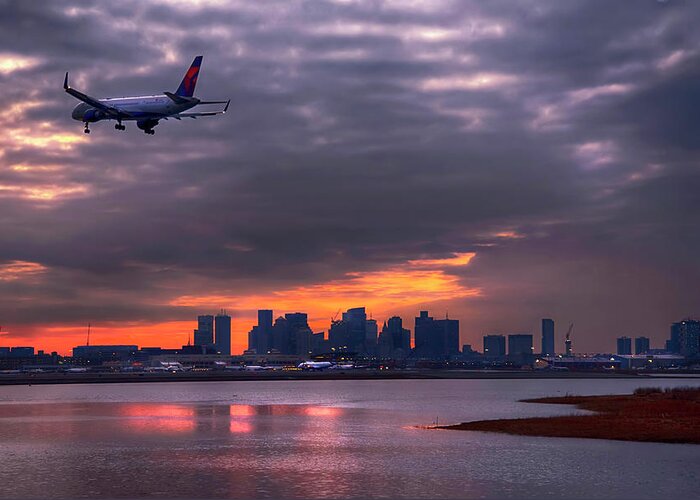  Greeting Card featuring the photograph Plane Over Boston Skyline Sunset by Joann Vitali