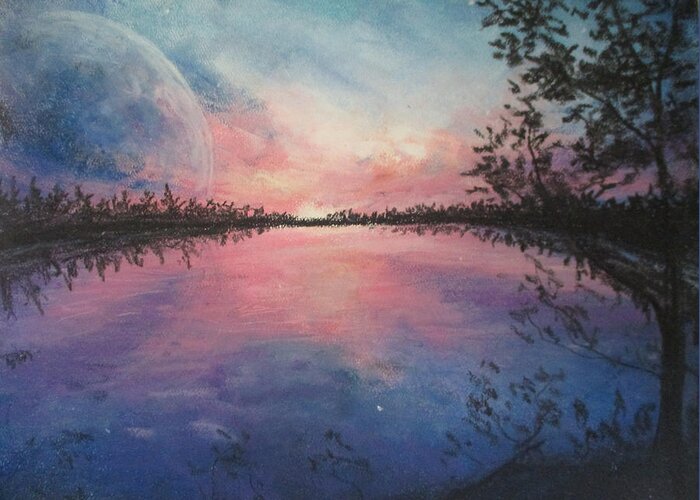 Chromatic Sunset Greeting Card featuring the painting Planet Sunset by Jen Shearer
