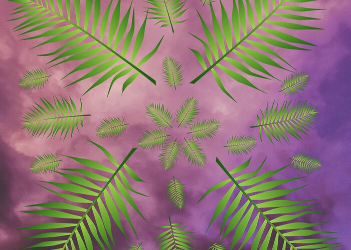 Palm Greeting Card featuring the digital art Plethora of Palm Leaves 18 on a Purple and Pink sky by Ali Baucom