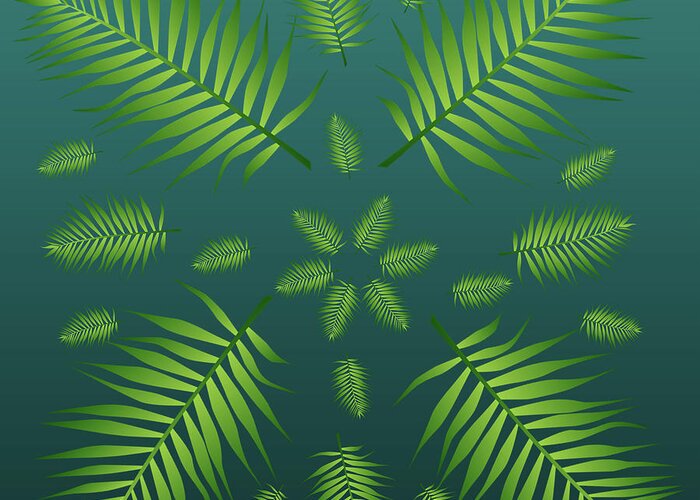 Palm Greeting Card featuring the digital art Plethora of Palm Leaves 20 on a Teal Gradient Background by Ali Baucom