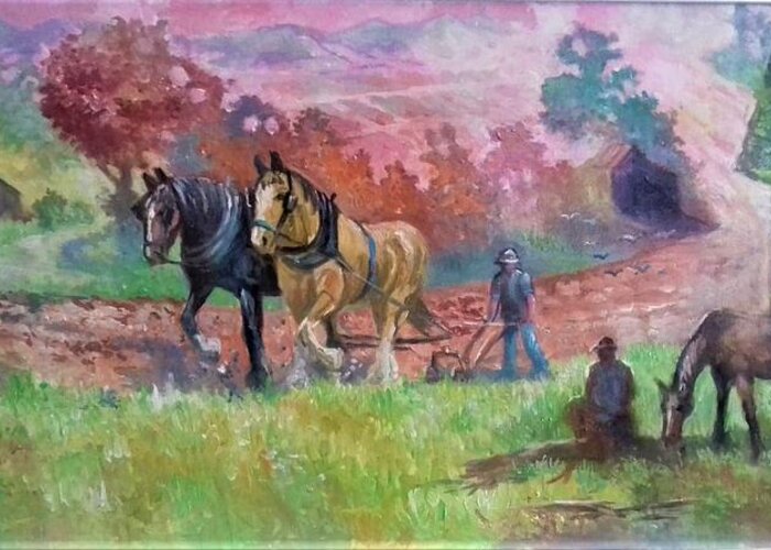 Horses Greeting Card featuring the painting Ploughing by Paul Weerasekera