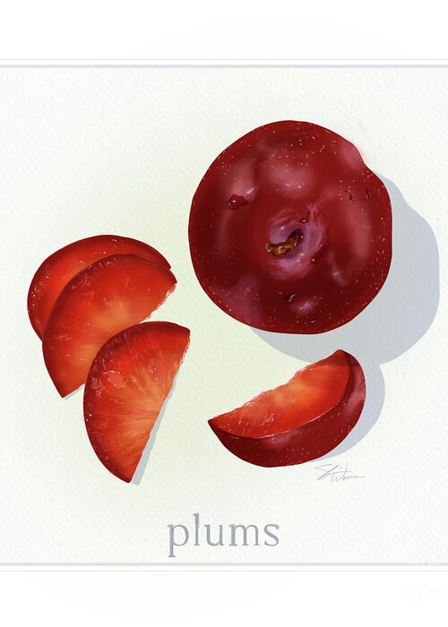 Fruit Greeting Card featuring the mixed media Plums Fresh Fruits by Shari Warren