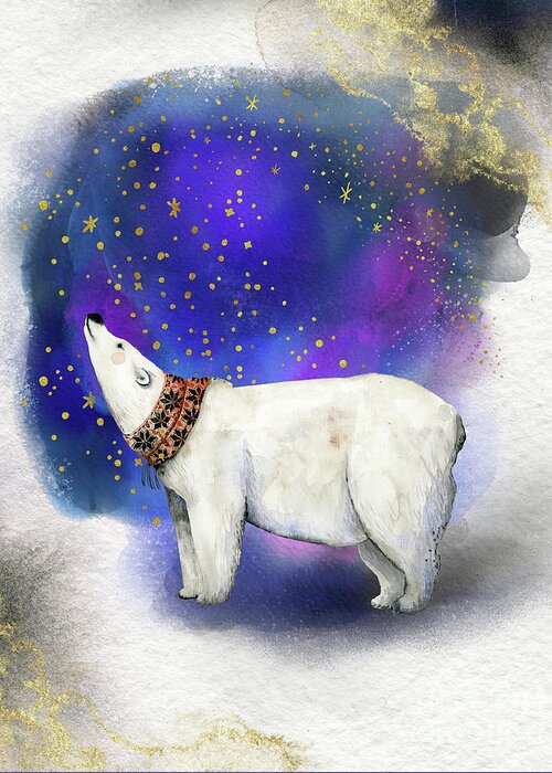 Polar Bear Greeting Card featuring the painting Polar Bear With Golden Stars by Garden Of Delights