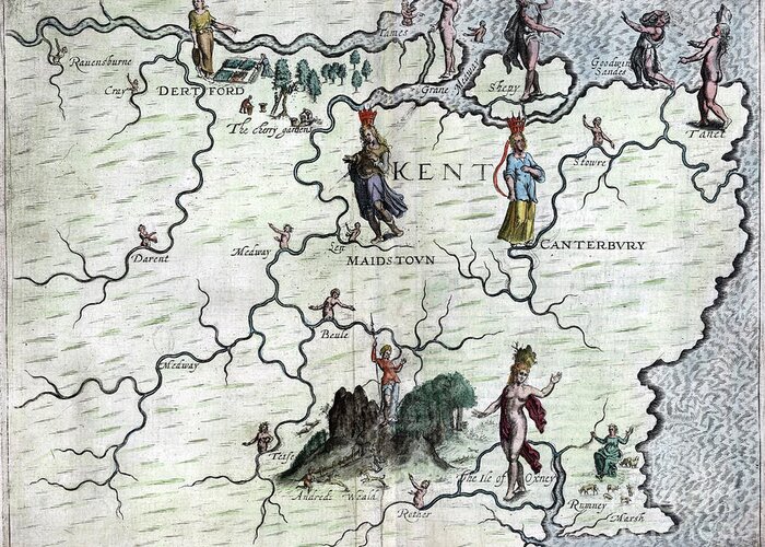 1622 Greeting Card featuring the drawing Poly-Olbion - Map of Kent, England by Michael Drayton